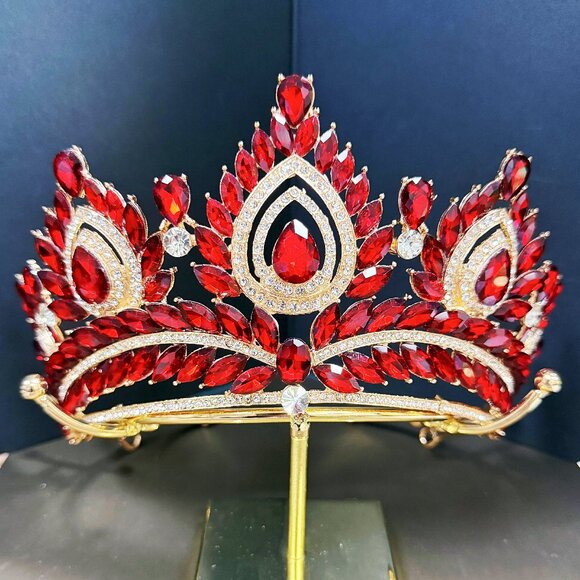 Quinceanera Crown, Ruby Rhinestone Crown, Large Size Crown, Gold Crystal Crown